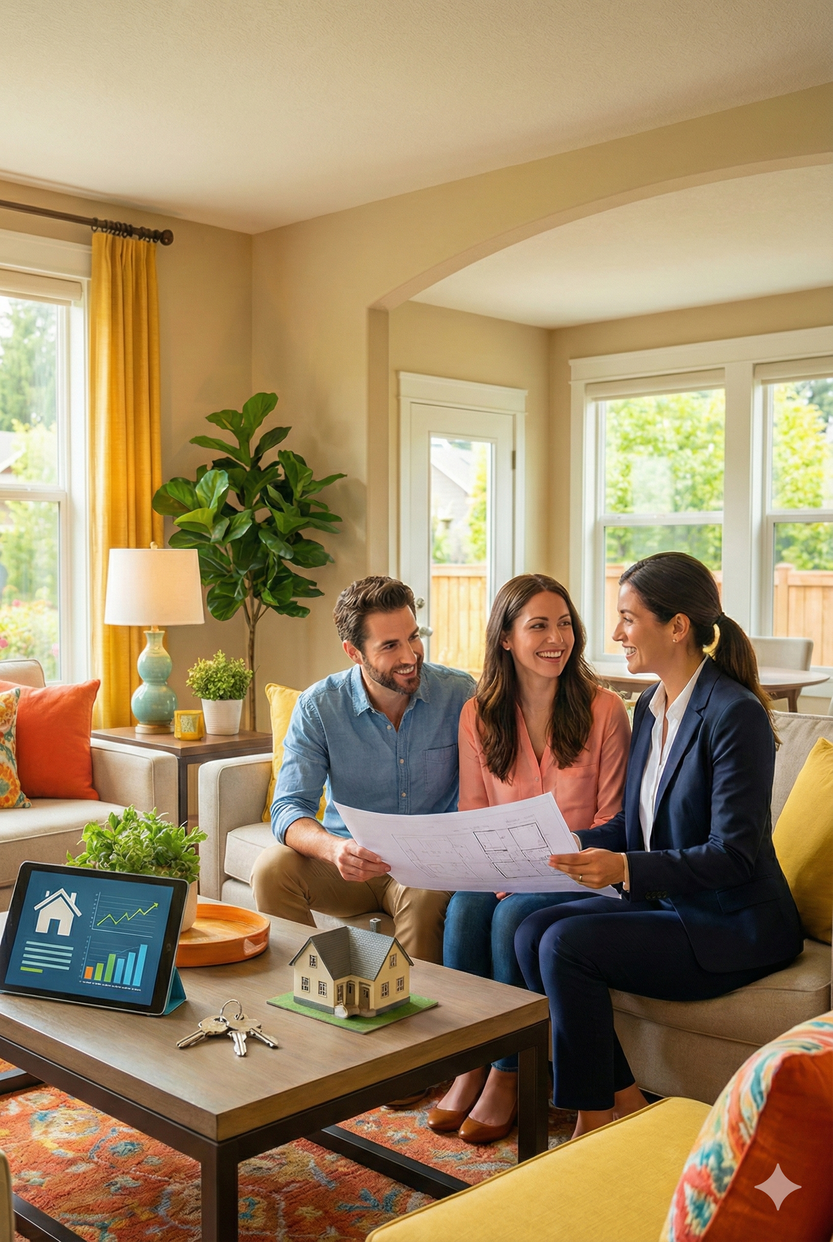 young family stepping out of a brick townhouse in Northern Virginia, commuter cars and a Metro train in the background, soft morning light.