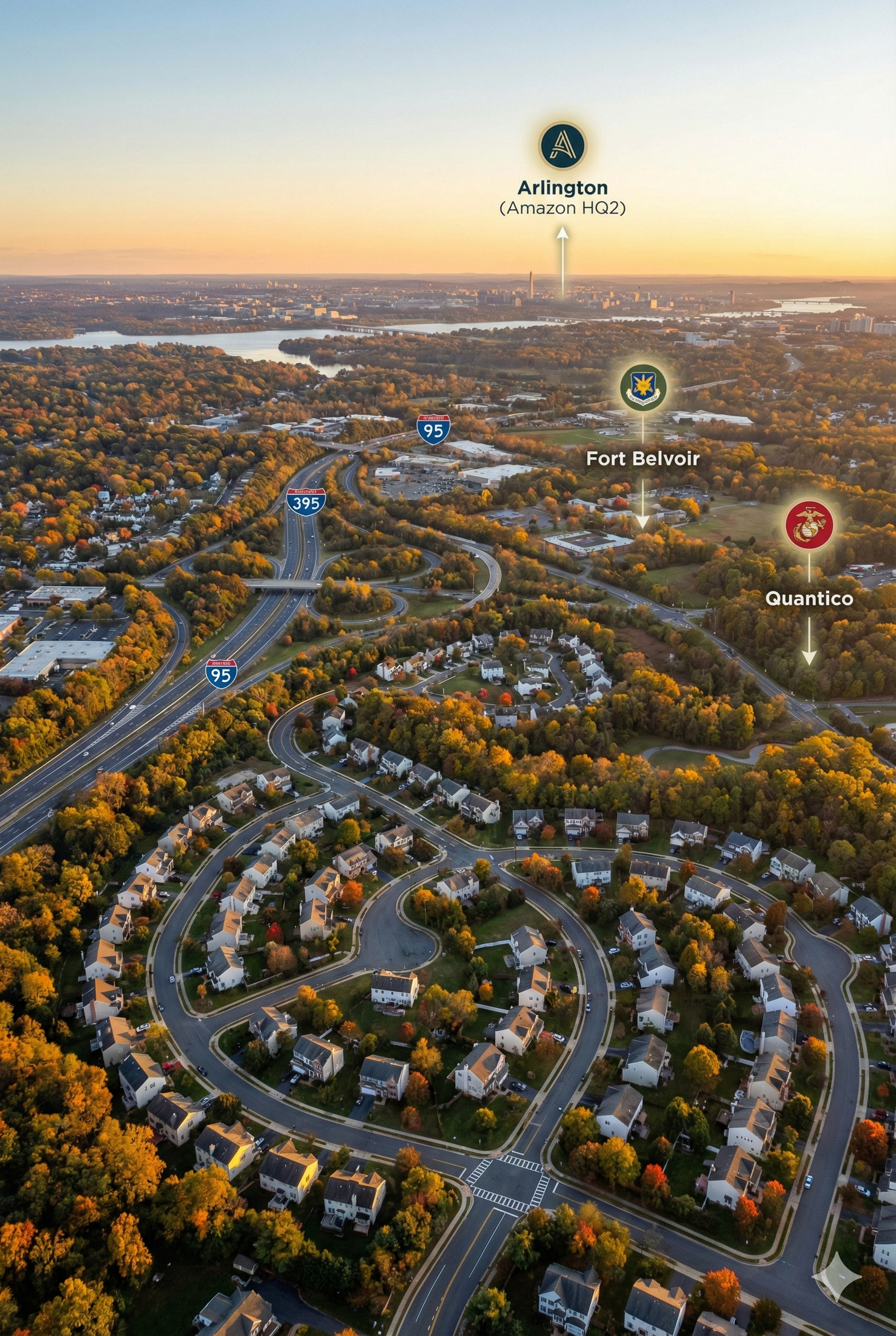 view of Northern Virginia neighborhoods near major highways, with subtle markers pointing toward Amazon HQ2, Fort Belvoir and Quantico in the distance, warm evening light, realistic style, inviting