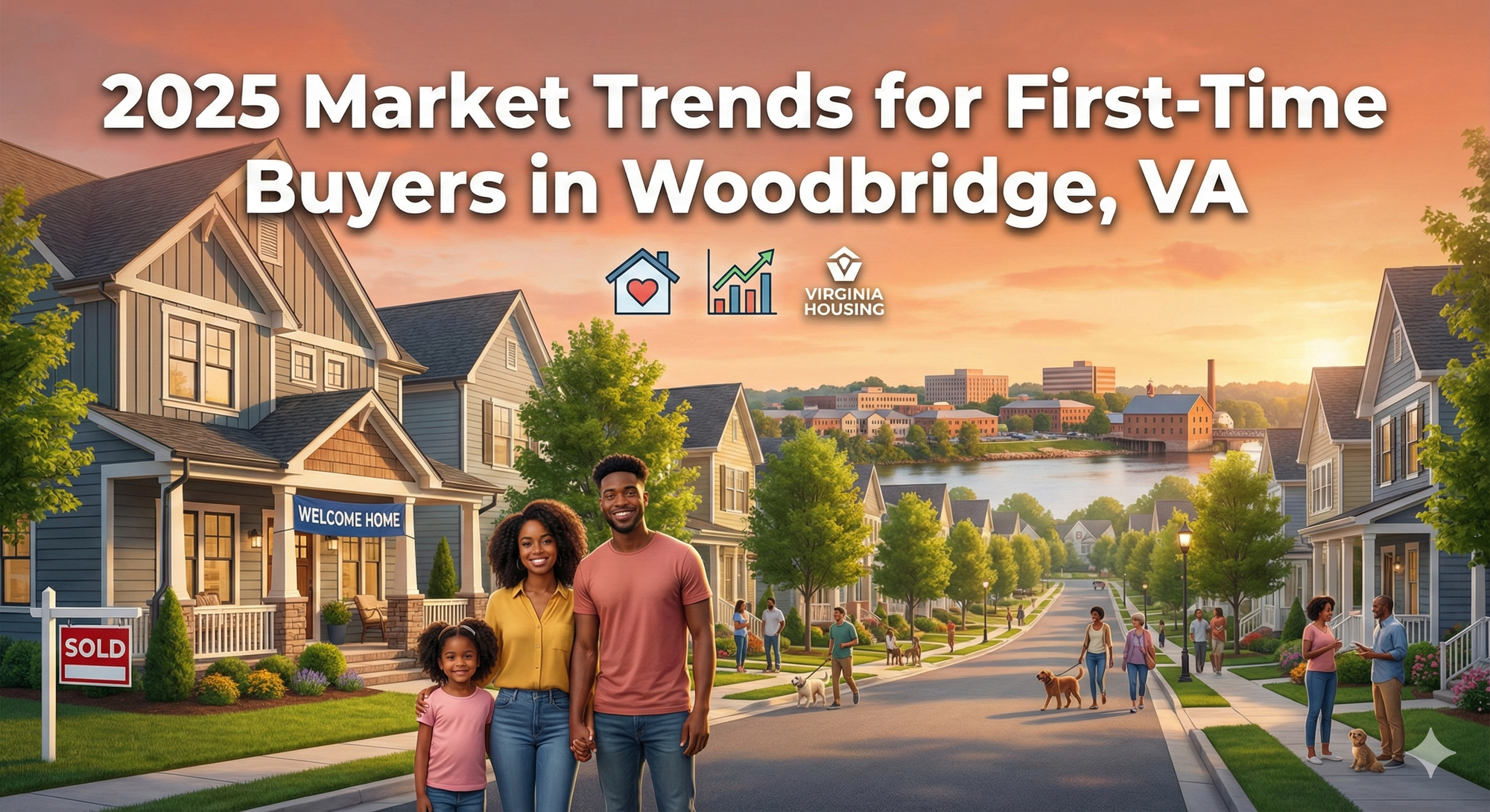 Vibrant illustration of a welcoming residential  featuring happy families