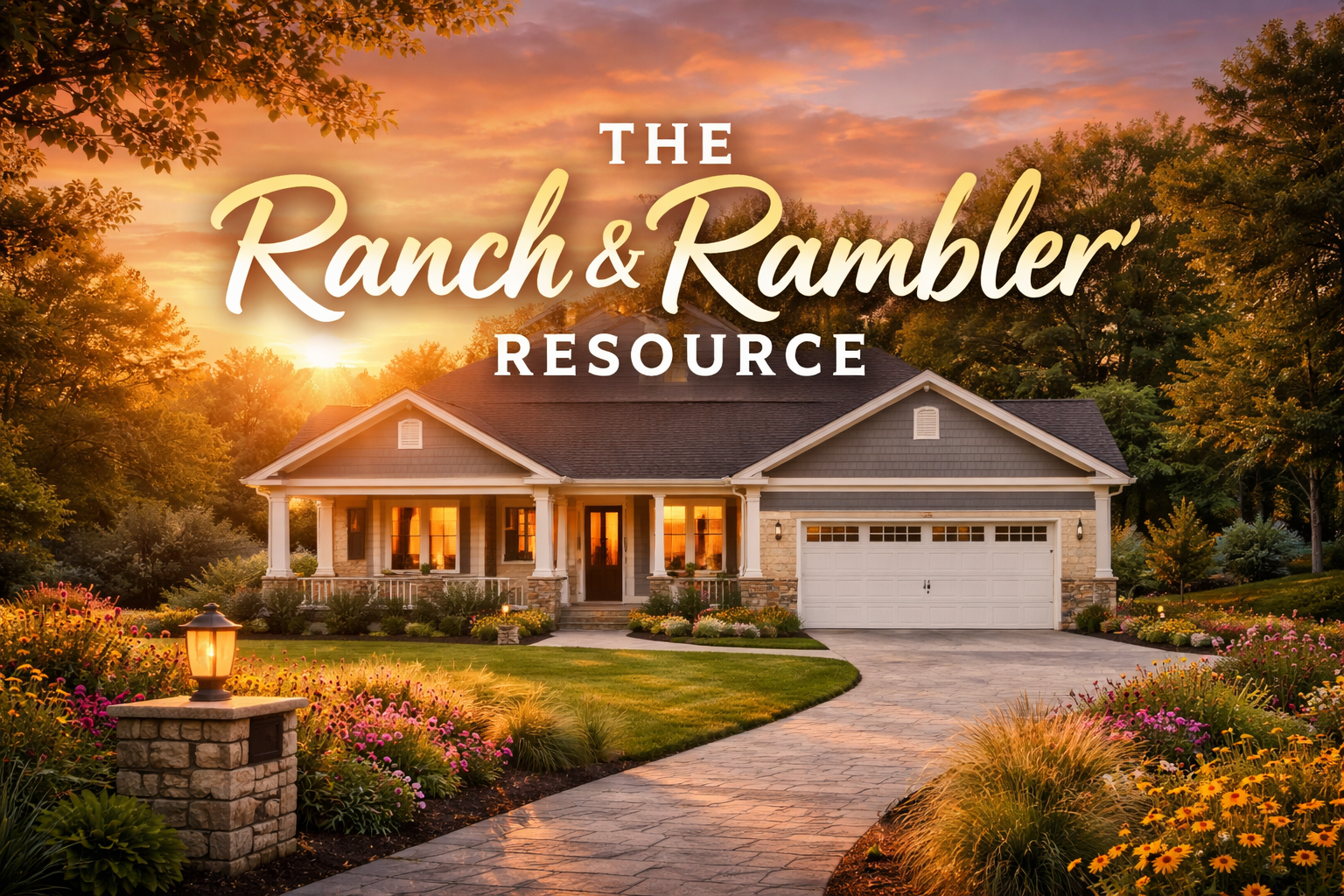 Cinematic sunset view of a modern ranch-style home with a front porch, landscaped garden, and driveway, overlaid with the title “The Ranch & Rambler Resource.”