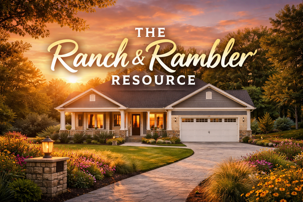 Cinematic sunset view of a modern ranch-style home with a front porch, landscaped garden, and driveway, overlaid with the title “The Ranch & Rambler Resource.”